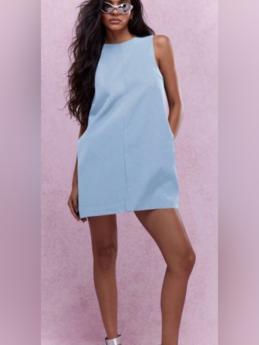 NEW Missguided Open Back Tie Shift Mini Dress Small Baby Blue Pockets Sleeveless
